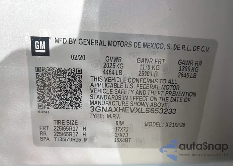 2020 Chevrolet Equinox Fwd Ls из США, поврежденный, VIN 3GNAXHEVXLS653233